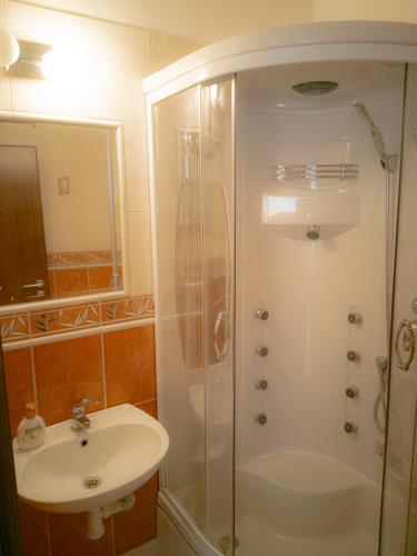 y baño con ducha y lavamanos. en Moderný Apartmán v Podhájskej, en Podhájska
