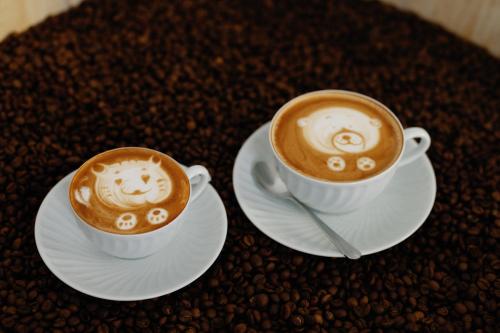 two cups of coffee sitting on plates on a table at Palácio do Visconde - The Coffee Experience in Lisbon