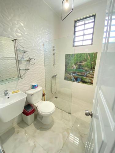 uma casa de banho com um WC, um chuveiro e um lavatório. em Acogedor apartamento em Santiago de los Caballeros