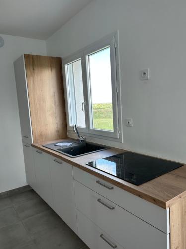 une cuisine avec un évier et une fenêtre dans l'établissement Maison neuve, à Plouguerneau