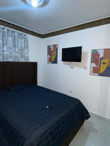 a bedroom with a bed and a flat screen tv at Acogedor Apartamento in Santiago de los Caballeros