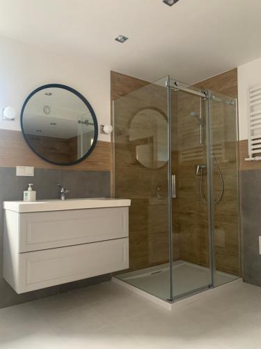 a bathroom with a shower and a sink and a mirror at Apartament Słoneczny Świerkowa in Buczkowice