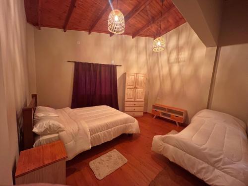 een slaapkamer met 2 bedden en 2 verlichting bij Avista al Rio in Puerto Iguazú
