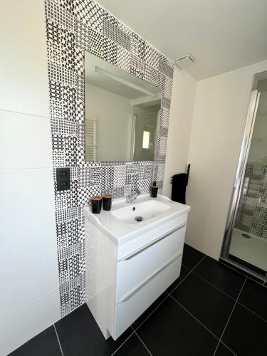 a bathroom with a white sink and a mirror at Gîte Au Coeur d’Azay in Azay-le-Rideau