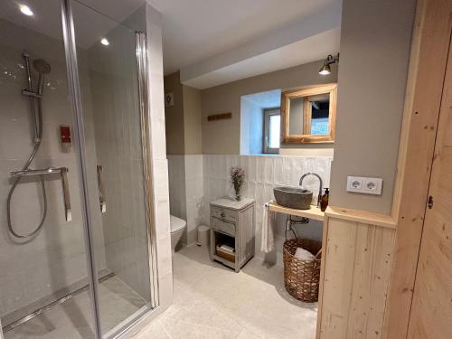 a bathroom with a shower and a toilet and a sink at CAL GALL rural Cerdanya in Bellver de Cerdanya