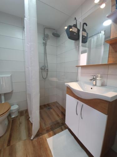 een witte badkamer met een wastafel en een toilet bij Smeštaj Skuratenko in Malo Laole