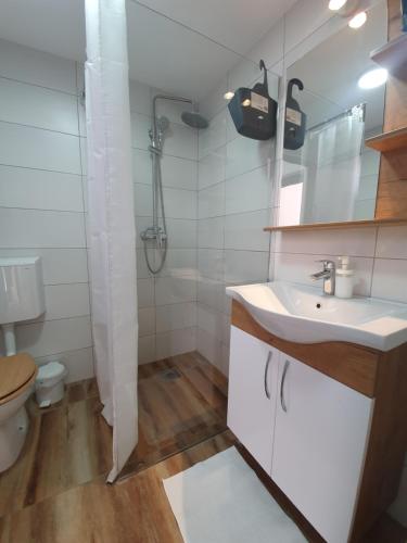 a white bathroom with a sink and a toilet at Smeštaj Skuratenko in Malo Laole
