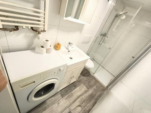 a bathroom with a washing machine and a shower at FMI44Apartment in Rüsselsheim
