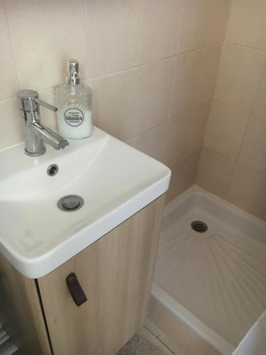 a bathroom with a sink and a shower at Appartement vue mer in Leucate