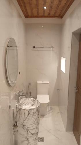 bagno con servizi igienici, lavandino e specchio di Hotel Bebej Tradicional a Gjirokastër