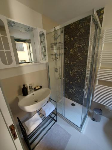 a bathroom with a sink and a glass shower at La casina in città - The little flat in town in Alessandria