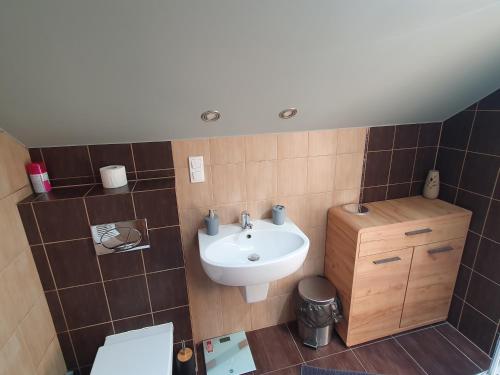 a small bathroom with a sink and a toilet at Apartamenty Wałowa 11 in Leszno