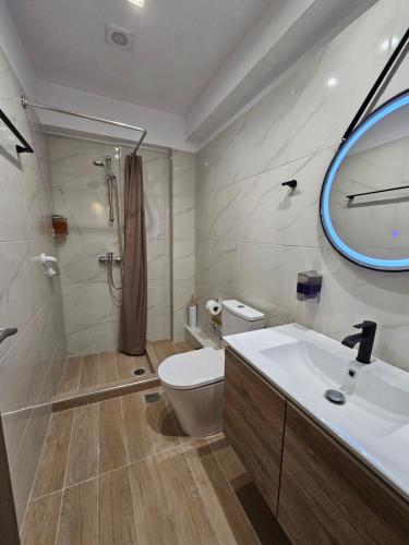 a bathroom with a toilet and a sink and a shower at Lemon Tree Inn in Markopoulo