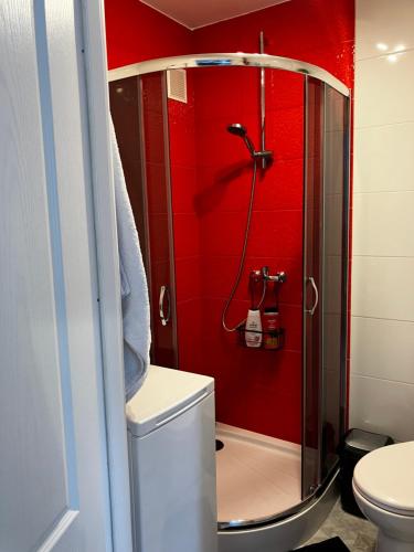 bagno rosso con doccia e servizi igienici di Charming Apartament a Płock