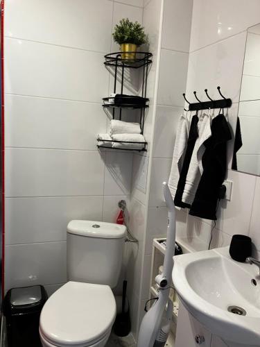 bagno bianco con servizi igienici e lavandino di Charming Apartament a Płock