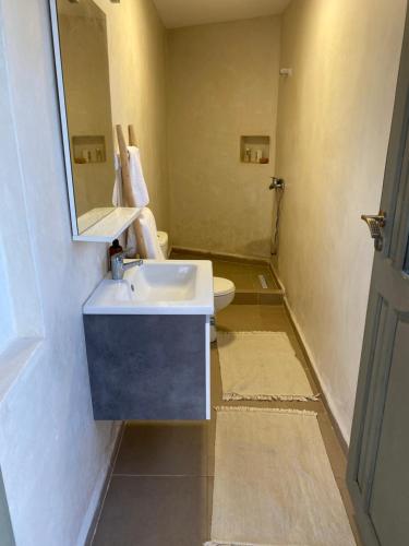 een kleine badkamer met een wastafel en een spiegel bij cap beddouza in Meddouza