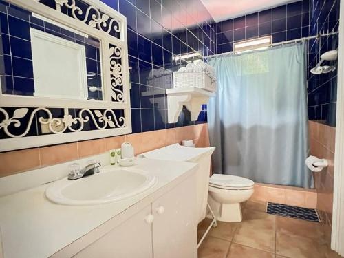 ein Bad mit einem Waschbecken, einem WC und einer Dusche in der Unterkunft Live an adventure in Taboga 2 in Taboga
