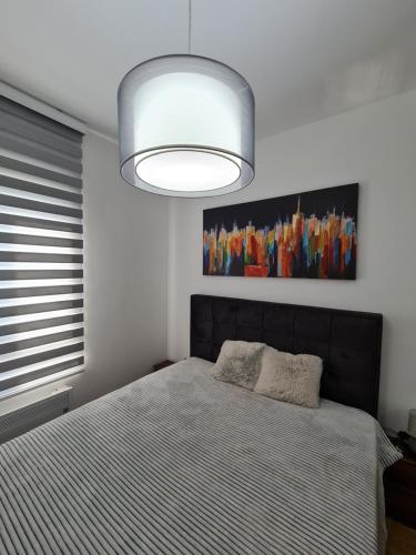 een slaapkamer met een bed en een grote lamp bij Magic Apartman Zlatibor in Zlatibor