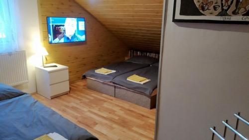ヨセフーフ・ドゥールにあるChata Dolní Maxovの二段ベッド1組、テレビが備わる小さな客室です。