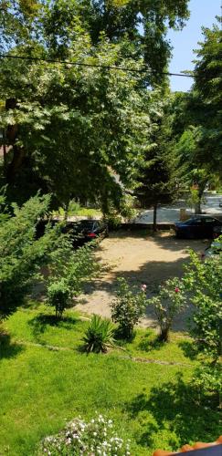 a garden with trees and plants in a yard at Sotiria Apartments in Kókkinon Nerón
