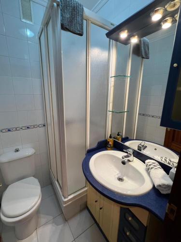 een badkamer met een toilet, een wastafel en een douche bij Apto Anita 5 ' playa Brazomar in Castro-Urdiales