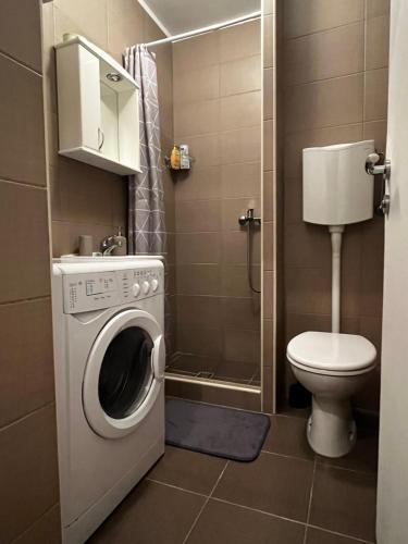 a bathroom with a washing machine and a toilet at Apartman Sasha 2 in Belgrade