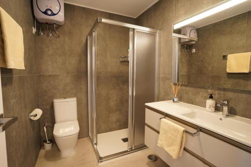 een badkamer met een douche, een toilet en een wastafel bij Sea Views Patalavaca in Patalavaca