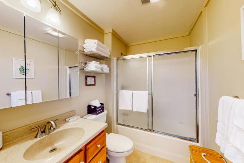 a bathroom with a toilet and a sink and a shower at Tranquil Haven Cottage Retreat in San Rafael