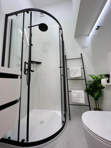 a shower with a glass door in a bathroom at Grand Apartment Piran in Piran