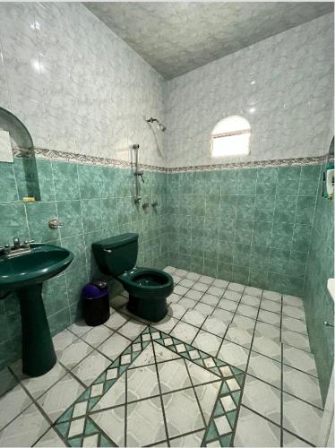 a bathroom with a green toilet and a sink at Hermosa casa privada con alberca. in Veracruz
