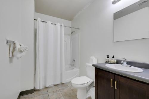 a white bathroom with a toilet and a sink at Historic Charm, Walkable Entertainment in Louisville