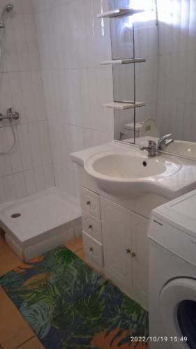 a bathroom with a sink and a toilet and a shower at Entre Mer et Montagne in Goyave