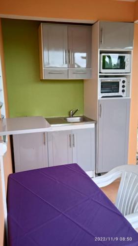 uma cozinha com uma mesa roxa e um lavatório em Entre Mer et Montagne em Goyave