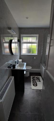 a bathroom with a white sink and a mirror at Modern Town House in Mid Wales in Knighton