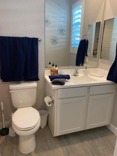 uma casa de banho com um WC, um lavatório e um espelho. em Deluxe king Prívate Suite em Litchfield Park