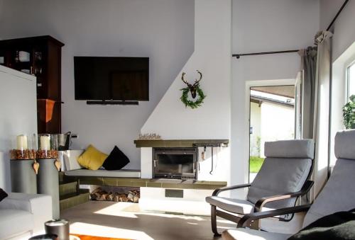 a living room with a fireplace and a tv at Eifel Cottage Biersdorf am See in Biersdorf