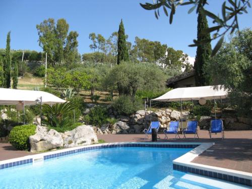 einen Pool mit zwei blauen Stühlen und Sonnenschirmen in der Unterkunft Crapa Licca in Ventimiglia di Sicilia