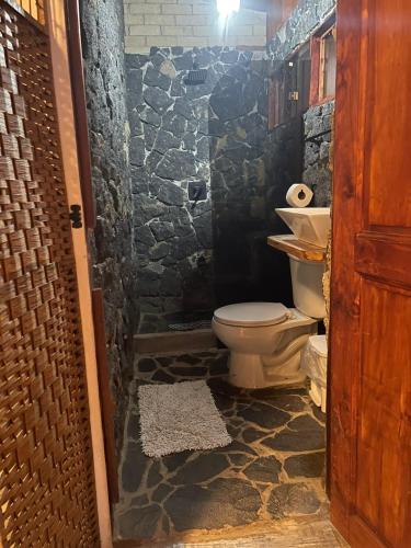 a bathroom with a toilet and a stone wall at Casa#7 in San José