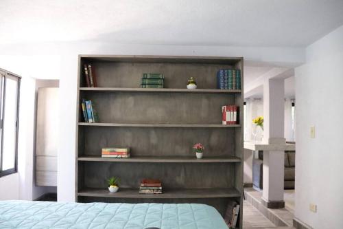 a bedroom with a book shelf with books at Casa Marcela in San José del Cabo