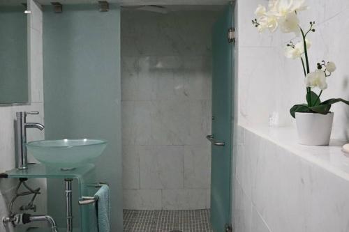 a bathroom with a sink and a shower with flowers in it at Casa Marcela in San José del Cabo