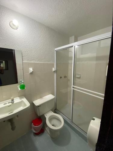 uma casa de banho com um chuveiro, um WC e um lavatório. em Hotel calima em Tuluá