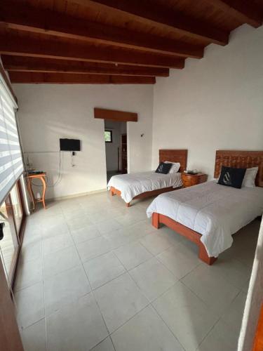 a bedroom with two beds and a tv on the wall at La casa de las luciérnagas in Godínez