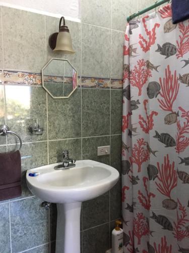 a bathroom with a sink and a shower curtain at Pension Baja Paradise in La Paz