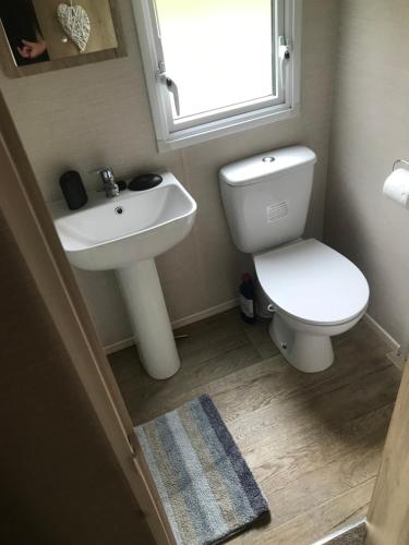 a bathroom with a toilet and a sink and a window at Static stays in Longridge