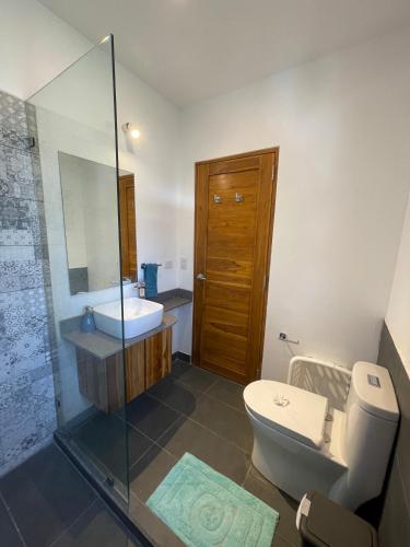 a bathroom with a toilet and a sink and a shower at Green Turtle Townhome #1 Private Pool & Garden 300 Mtrs to Beach in Tamarindo