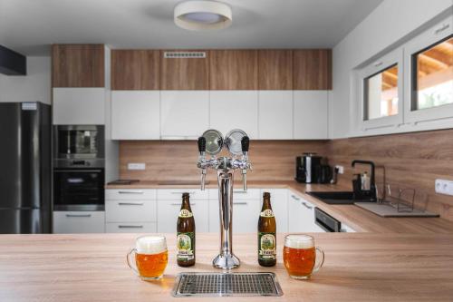 a kitchen with two bottles of beer on a counter at Holiday House Adam in Prosečné