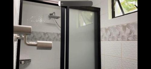 La salle de bains est pourvue d'une douche avec une porte en verre. dans l'établissement Jasmin tourist inn, à Dauis