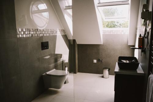a bathroom with a toilet and a window at Szklany Przystanek in Kościerzyna