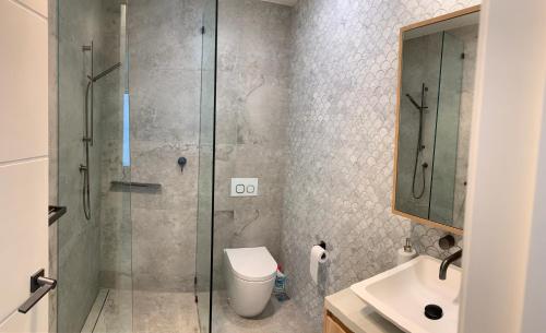 a bathroom with a shower and a toilet and a sink at Karma Villas in Gold Coast