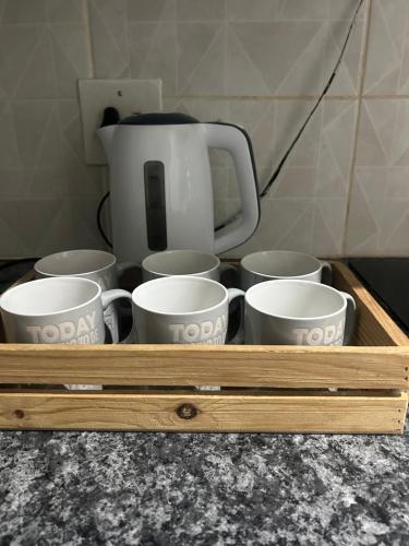 a wooden tray with cups and a tea kettle at Home away from Home in East London
